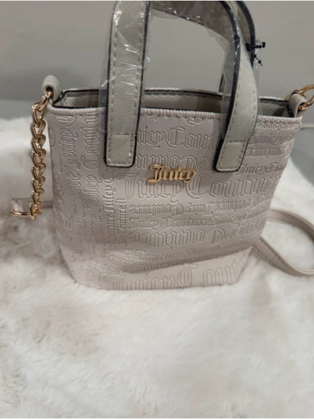 Juicy Couture Cream Embossed Mini Tote with Gold Hardware
